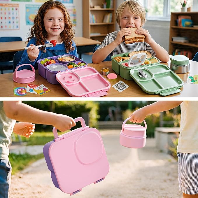 wiwens Kids Bento Lunch Box with Soup Thermo Food Lunch Container for Kid | 4 Compartment Leak-Proof Kids Lunch Box,9oz Stainless Steel Insulated Hot Food Jar,for Boys Girls Toddler to School Travel