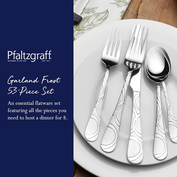 Pfaltzgraff Frost 53-Piece Flatware Set, 18/0 Stainless Steel Silverware Set for 8 with Steak Knives, Serving Pieces, Dishwasher Safe