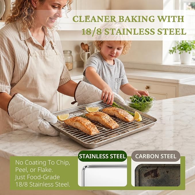 BRONYPRO 18/8 Stainless Steel Baking Sheet Set (3 Pans + 3 Mats+ 1 Rack) | Uncoated Cookie Sheets Non Toxic -PFOA & PTFE Free,Trays with Wire Rack & Macaron Silicone Mats, 9/12/16 Inch