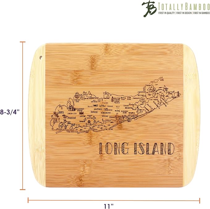Totally Bamboo A Slice of Life Long Island Engraved Map Cutting Board | 11" x 8.75" charcuterie board with engraved map artwork. Smooth reverse side for food prep. Hang tie for wall display.