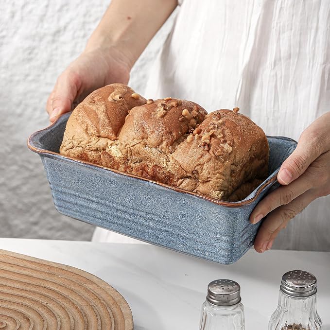 HVH Ceramic Loaf Pan for Baking Bread, Rectangular Baking Bread Loaf Pan, 9 x 5 inch Bread Pan, Bread Baking Pan for Cooking, Wave Series, Farmhouse Style (Wabi sabi)