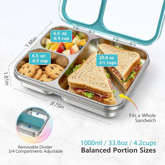 LOHASOK Stainless Steel Bento Lunch Box, 34oz/1000ml, Blue | 3-Compartment, Leak Proof, Lightweight, Clear Plastic Lid, for Kids Adults, BPA/BPS Free, Dishwasher Safe