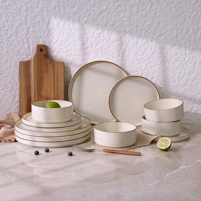 Famiware Nebula 12-Piece Dinnerware Set, Vanilla White with Brown Rim | Stoneware Dish Set for 4, Plates and Bowls, Microwave and Dishwasher Safe, Chip and Scratch Resistant