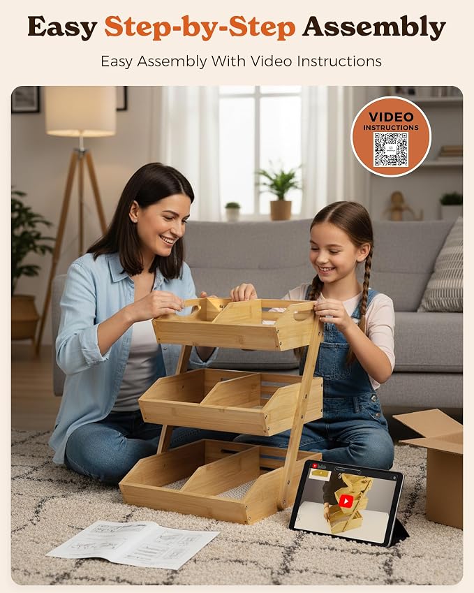 3-Tier Bamboo Fruit Basket with 2 Banana Holders | Large tiered organizer for bread, snacks, veggies. Sturdy bamboo, includes mats & dividers. Easy to assemble.