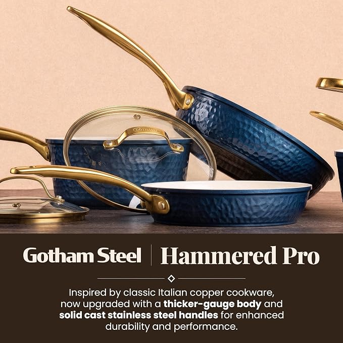 GOTHAM STEEL Hammered 3 Pc Nonstick Frying Pans Set, Cream | 8, 10, 12" Fry Pans, Heavy Duty 3.0MM Gauge, Non Toxic PFOA/PFOS/PTFE Free, Induction Compatible, Oven and Dishwasher Safe