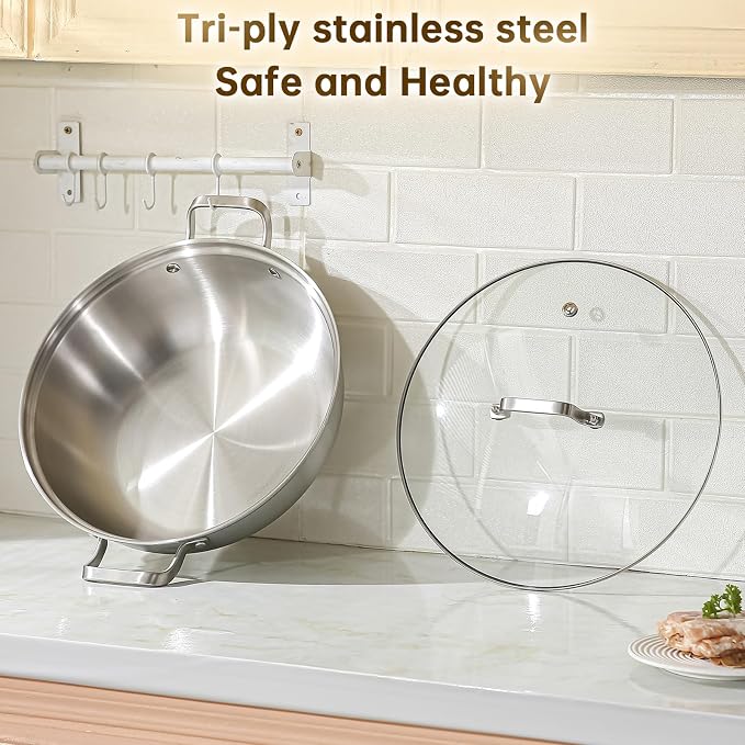 Yeksum Tri-Ply Stainless Steel Saute Pan,Deep Frying Pan with lid,Compatible with All Cooktops Up to 650℉, Everyday Pan,Hot Pot,Kadhai,Induction Cooking Pot,Dishwasher and Oven Safe. (7QT)