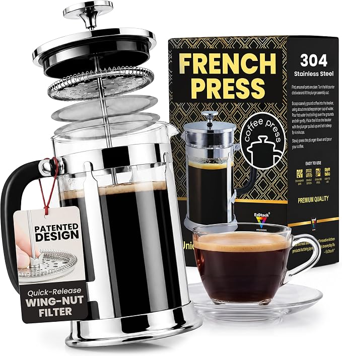 EzDtach French Press Coffee Maker 34oz Chrome – Borosilicate Glass Pot | 304 Grade Stainless Steel French Press, Double Filter and 2 Extra Screens for Rich, Full-Bodied Flavor at Home or Office