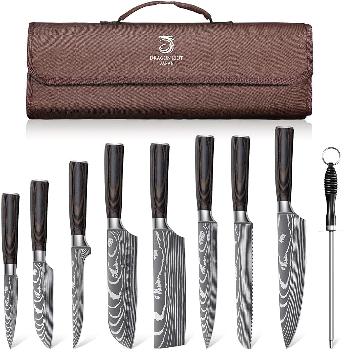 DRAGON RIOT Damascus Kitchen Knife Set, Damascus Steel, Brown Handle | Stainless Steel, Damascus Pattern, Roll Bag, For Meat Processing and Everyday Kitchen Prep
