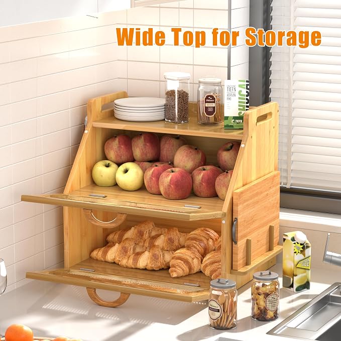 Bread Box for Kitchen Countertop, Large Bread Storage Container for Homemade Bread, Wooden Farmhouse Breadbox Organizers, Double Layer Bread Bin with Acrylic Window Bread Holder, Brown