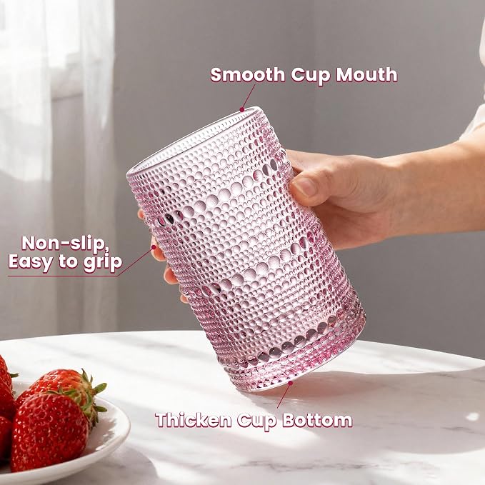 Bandesun Vintage Hobnail Drinking Glasses Set of 12, 13oz Colorful Beaded Bubble Glass Cups for Kitchen, Multiple color Embossed Water Tumbler for Whiskey,Cocktail, Beer, Wine, Water & Juice