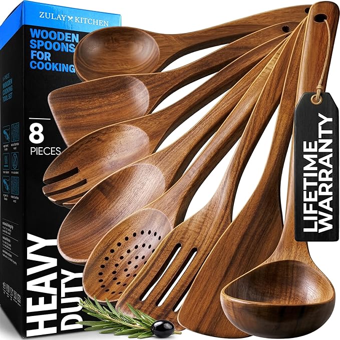 Zulay Kitchen Premium 8-Piece Wooden Spoons - Smooth Finish, Natural Teak Wood, Non-Stick, Handmade