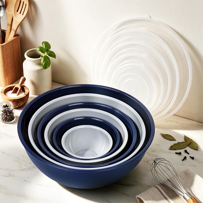 BoxedHome BPA Free Plastic Round Mixing Bowl with Lids, 12 Pack Nesting Bowls with Lids Set, Microwave and Dishwasher Safe Prep & Serving Bowls Great for Mixing, Baking, Serving (Haze Blue, 12pcs)