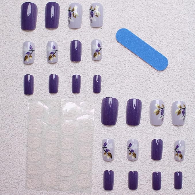 24 Pcs Fall Press on Nails Medium Square Fake Nails with Flower Full Cover Designs Nails Press ons Purple Glue on Nails Glossy Stick on Nails for Women