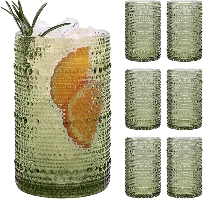 Moretoes 15oz Green Hobnail Drinking Glasses Set of 6 | Vintage Highball Glass Cups, Kitchen Drinkware Glassware for Beer,Cocktail,Whiskey,Juice and Various Mixed Drinks