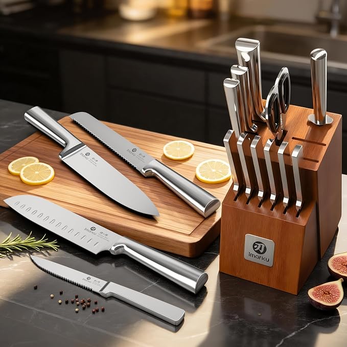 imarku 15-Piece Knife Block Set Built-in Sharpener, Japanese High Carbon Stainless Steel Kitchen Knife Set, Dishwasher Safe, Chef Knife Set with Wooden Knife Block, Santoku Knives for Kitchen Cooking | Japanese High Carbon Stainless Steel Kitchen Knife...