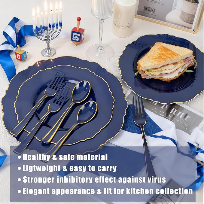 180PCS Blue Plastic Silverware -Blue and Gold Plastic Cutlery 60 Forks, 60 Knives, 60 Spoons - Heavy Duty Disposable Silverware for Party/Wedding/Birthday