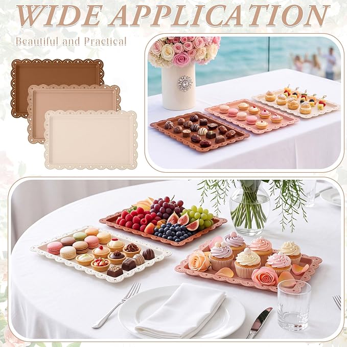 3 Pcs Brown Serving Trays Plastic Platters Dessert Cupcake Holder Party Supplies 14.4 x 9.3 Inches Rectangular Cookie Snack Display Tray for Wedding Restaurant