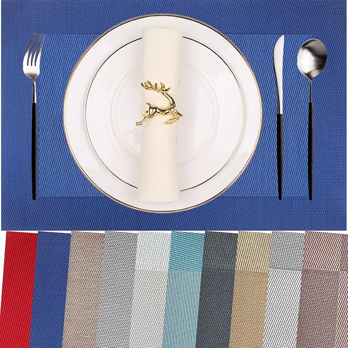 Vinyl Placemats Heat-Resistant Table Mats Washable Easy Clean Plastic Placemat for Kitchen Dining Table Set of 8 Indoor Outdoor (Cobalt Blue)