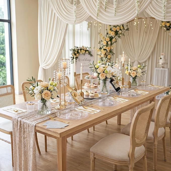 KIRE 210Pcs Clear Plastic Plates with Gold Rim for Wedding/Party | Include 60pcs Clear and Gold Plates, 30pcs Plastic Silverware, 30pcs Napkins and 30pcs Cups Serve 30 Guest
