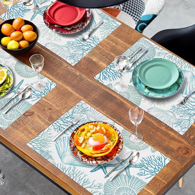 Nautical Coastal Blue Placemats Set of 4 Summer Teal Turquoise Beach Theme Linen Table Mats Ocean Coral Seashell Starfish Decorative Place Mats for Party Kitchen Dining Outdoor Indoor Decor