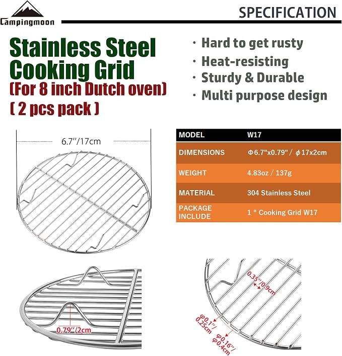 CAMPINGMOON 2pcs Round round cooling rack 304 Stainless Steel Cooking Grid Grill (φ6.7 inches, W17-2P)