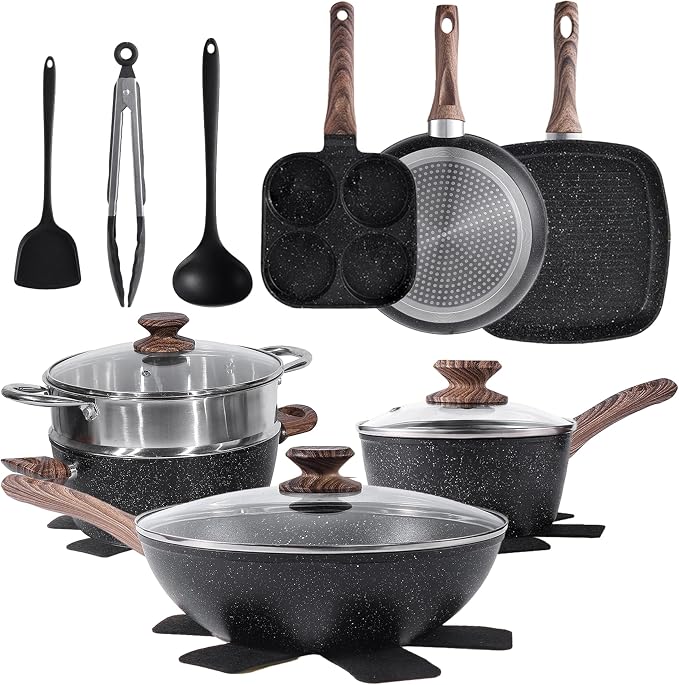 Simple Deluxe 17Pcs Ceramic Cookware Set, Nonstick & Non-Toxic Healthy Pots and Pans, Heat-Resistant Handles, Induction Cookware Sets with Frying Pans, Black
