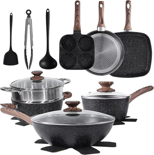 Simple Deluxe 17Pcs Ceramic Cookware Set, Nonstick & Non-Toxic Healthy Pots and Pans, Heat-Resistant Handles, Induction Cookware Sets with Frying Pans, Black