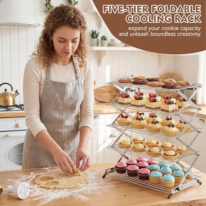Novabright 5 Tier Collapsible Cooling Rack for Baking, 16'' x 10'' Stainless Steel Stackable Baking Rack for Cookies Bread, Oven Safe Roasting, Space Saving Kitchen Essentials Gifts for Women, Silver