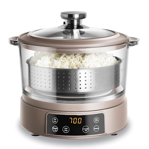 COOK WITH COLOR Glass Mini Low Carb Rice Cooker – Holds 2 Cups Raw/Makes 6 Cups Cooked with Auto Lift Filter Basket, Hotpot & Steamer for Rice, Grains, Digital Panel with Keep Warm, Goat/Mink