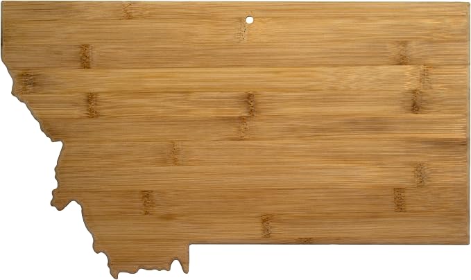 Totally Bamboo Montana State Shaped Bamboo Serving and Cutting Board | State charcuterie board with natural bamboo grain. Knife-friendly surface for food prep. Hang tie for wall display.