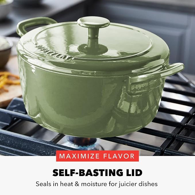 GreenPan x Bobby Flay 5.5QT Enameled Cast Iron Dutch Oven With Lid, Green | Casserole Pot for Braising, Stews, Bread Baking & Searing, Self-Basting Lid, Induction Ready, Oven Safe To 500, Gold Lid Knob