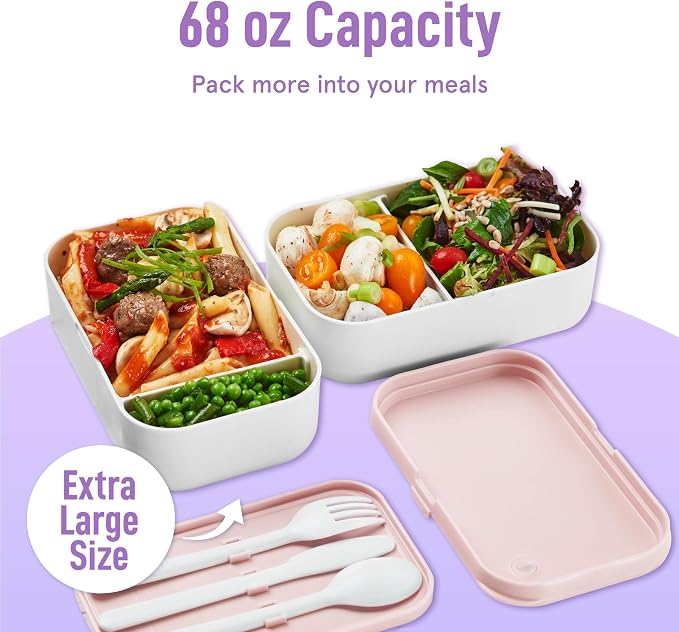 Double Premium Bento Box Adult, 67oz, Portion Control, Dusty Pink | 68 oz Capacity, Stackable Containers, Leak-Proof Design, Includes Dividers, Great for Meal Prep, Office Lunchbox