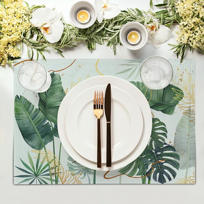 Palm Leaves Tropical Placemats Set of 4,12x18 Inch Boho Green Leaf Botanical Decor Seasonal Tablemat Non-Slip Washable Tabletop Mat for Indoor Outdoor Kitchen Dining Table