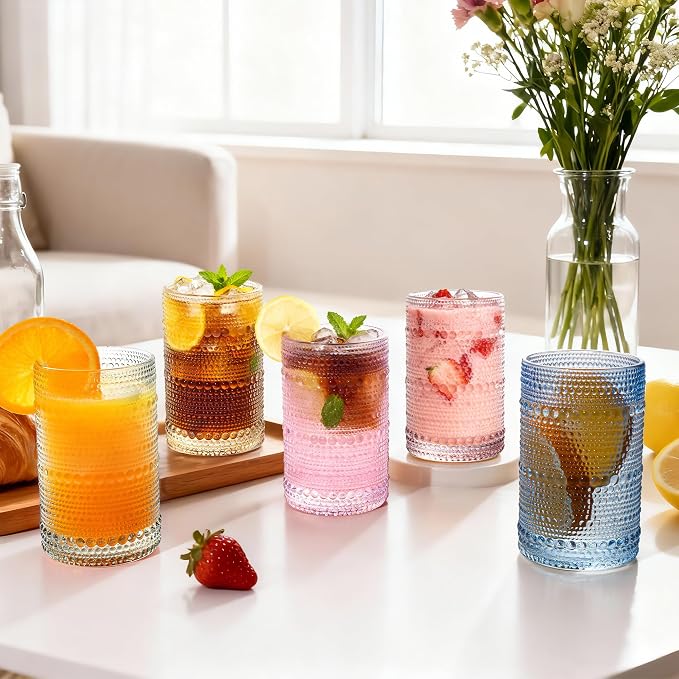 Bandesun Vintage Hobnail Drinking Glasses Set of 12, 13oz Colorful Beaded Bubble Glass Cups for Kitchen, Multiple color Embossed Water Tumbler for Whiskey,Cocktail, Beer, Wine, Water & Juice