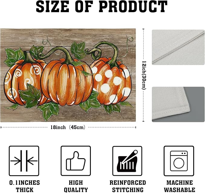 Thanksgiving Placemats Set of 6 18x12 Inch Autumn Pumpkins Thankful Linen Place Mats Heat-Resistant Washable Wipeable Fall Seasons Holiday Table Mat for Party Kitchen Dining Room Dinner Table Decor