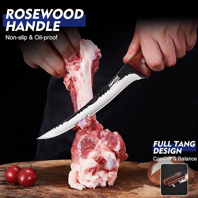 Topfeel 5PCS Hand-Forged Butcher Knife Set, High Carbon Steel | 7-inch chef and slicer, 7.5-inch cleaver and boning knives, 8-inch butcher knife, full-tang rosewood handles, gift box