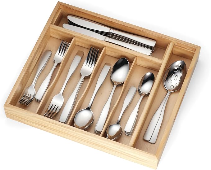 Cambridge Madison Satin 62-Piece 18/0 Silverware Set for 12, Flatware | silver, dishwasher safe | includes wood storage tray | heavy duty, cutlery set for kitchen and dining, utensil set