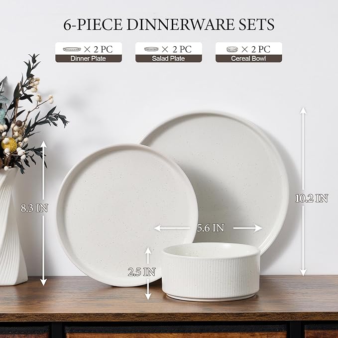 E-far Stoneware Dinnerware Sets for 2, 6-Piece Plates and Bowls Sets, White | Plate Set for 2, Chip & Scratch Resistant Ribbed Dish Set for Home Restaurant, Microwave & Dishwasher Safe, Speckled White