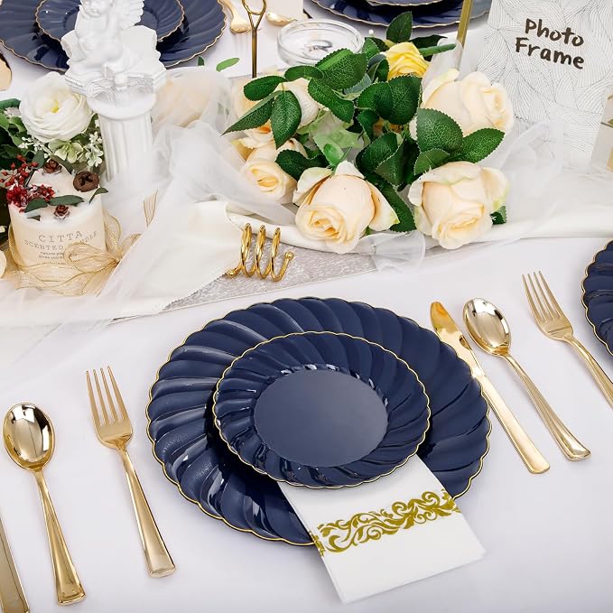YOUBET 150PCS Blue Plastic Plates for Wedding Birthday Parties | Heavy Duty Navy Blue Disposable Plates include 50 Plates, 75 Silverware, 25 Napkins