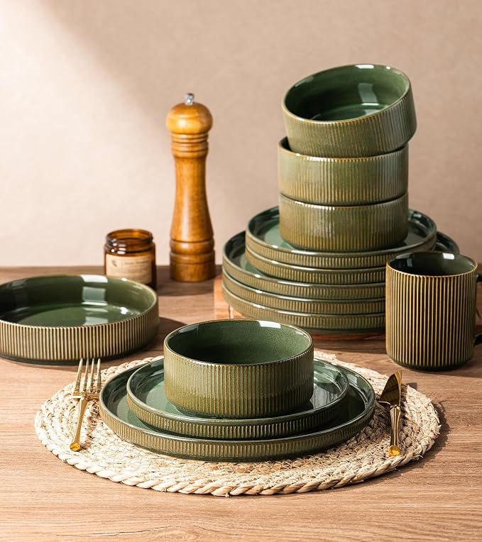 GBHOME Stoneware Dinnerware Sets for 4, 12 Pieces Plates and Bowls Set | Lightweight Ceramic Ribbed Dishes,Reactive Glaze Stackable Plate Set,Scratch Resistant,Microwave&Dishwasher Safe,Sage Green