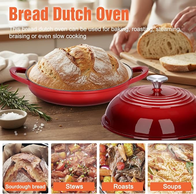 6 QT Enameled Cast Iron Round Bread Oven, Sourdough Dutch Oven | Bread Oven for Homemade Sourdough Bread Baking, Bread Pot with Dome Lid, Gifts for Sourdough Bakers, 500°F Oven Safe, Red