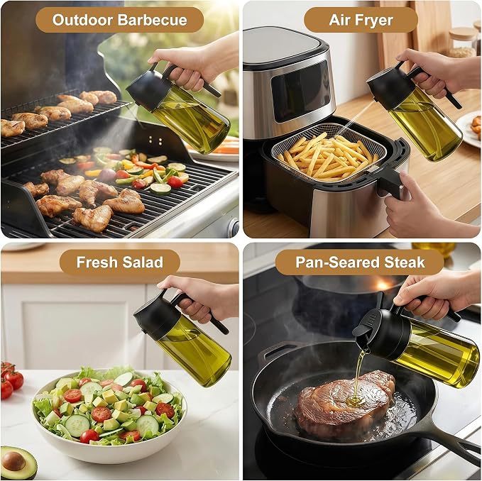 Poshetion 2 in 1 Olive Oil Sprayer for Cooking, 16oz Light-Proof Oil Dispenser for Kitchen, Leak-Proof Oil Spray Bottle for Air Fryer, Salad, BBQ, Baking, Grilling - Black