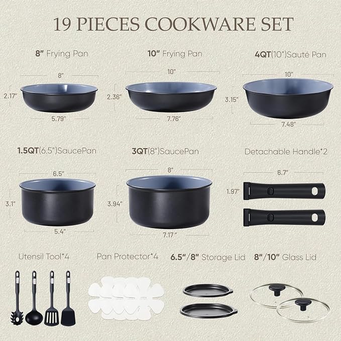 CAROTE 19pcs Ceramic Cookware Set Detachable Handle,Pots and Pans Non Stick | Kitchen Cooking Sets, Space Saving, Dishwasher & Oven Safe, Non-Toxic, for Camping/RV/Traveling, Black/Grey