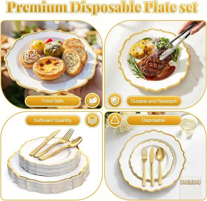 Glowserve 175 Piece Disposable Plastic Plates Dinnerware Set for 25 Guests | 50 Plastic Plates,25 Silverware Set,25 Cups and Napkins,Wedding Birthday,Family Party,Fancy Plastic Plates