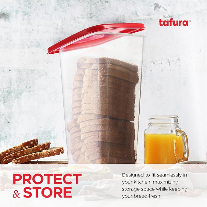 Tafura Bread Container, Airtight BPA-Free Bread Storage Box, Red Lid | Silicone-sealed lid helps reduce air exposure to maintain texture and flavor for longer.