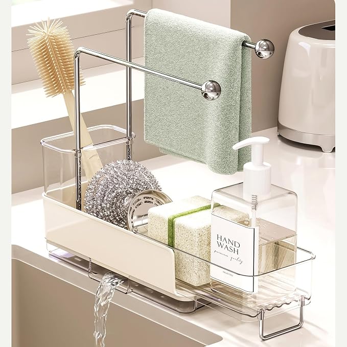 Expandable Kitchen Sink Caddy 25-38cm, 360° Rotating Sponge Holder & Brush | White, large, stretchable 25-38cm. Side brush holder, triple drainage, rust-proof.Ideal for sponge & kitchen sink accessories