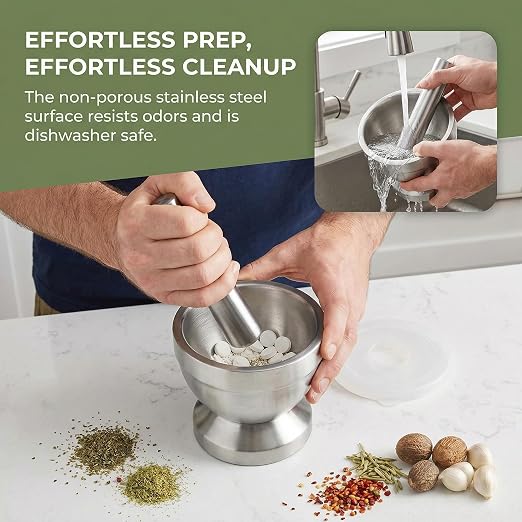 Stainless Steel Mortar Pestle, Anti-Slip Spice Grinder | Spices Tablets Large Capacity Bowl, Multi-Purpose：Spices, Herbs, Tablets, Easy to Clean