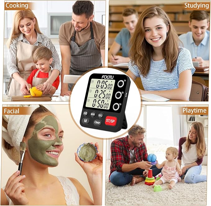 Digital Dual Kitchen Timer, 3-Channel Triple Magnetic Countdown for Cooking | Multi-Groups Independent Countup Food Timer, Large Display, Memory Presets, Loud Alarm & Mute, 3A Battery & Stand Included