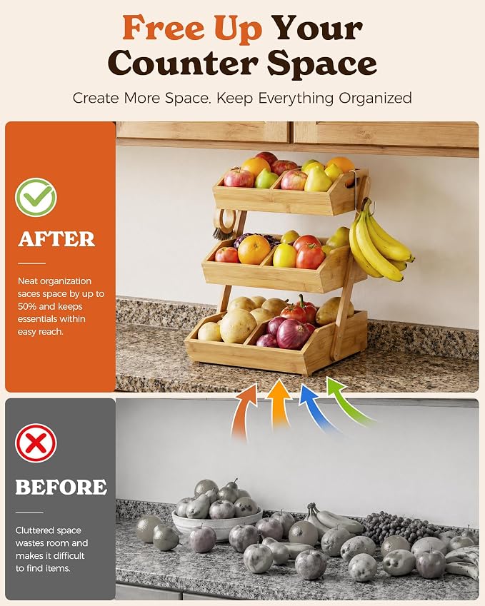 3-Tier Bamboo Fruit Basket with 2 Banana Holders | Large tiered organizer for bread, snacks, veggies. Sturdy bamboo, includes mats & dividers. Easy to assemble.