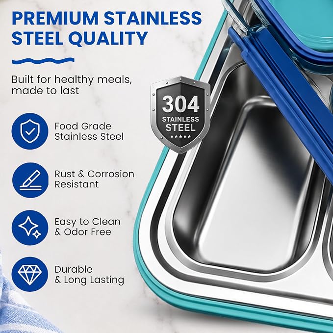 Large 11" x 8" Stainless Steel Bento Lunch Box for Adults with 4 Compartments Leakproof Lid BPA-Free 304 Stainless Steel Food Container That Keeps Food Separate, Ideal for Office and Travel use, Blue